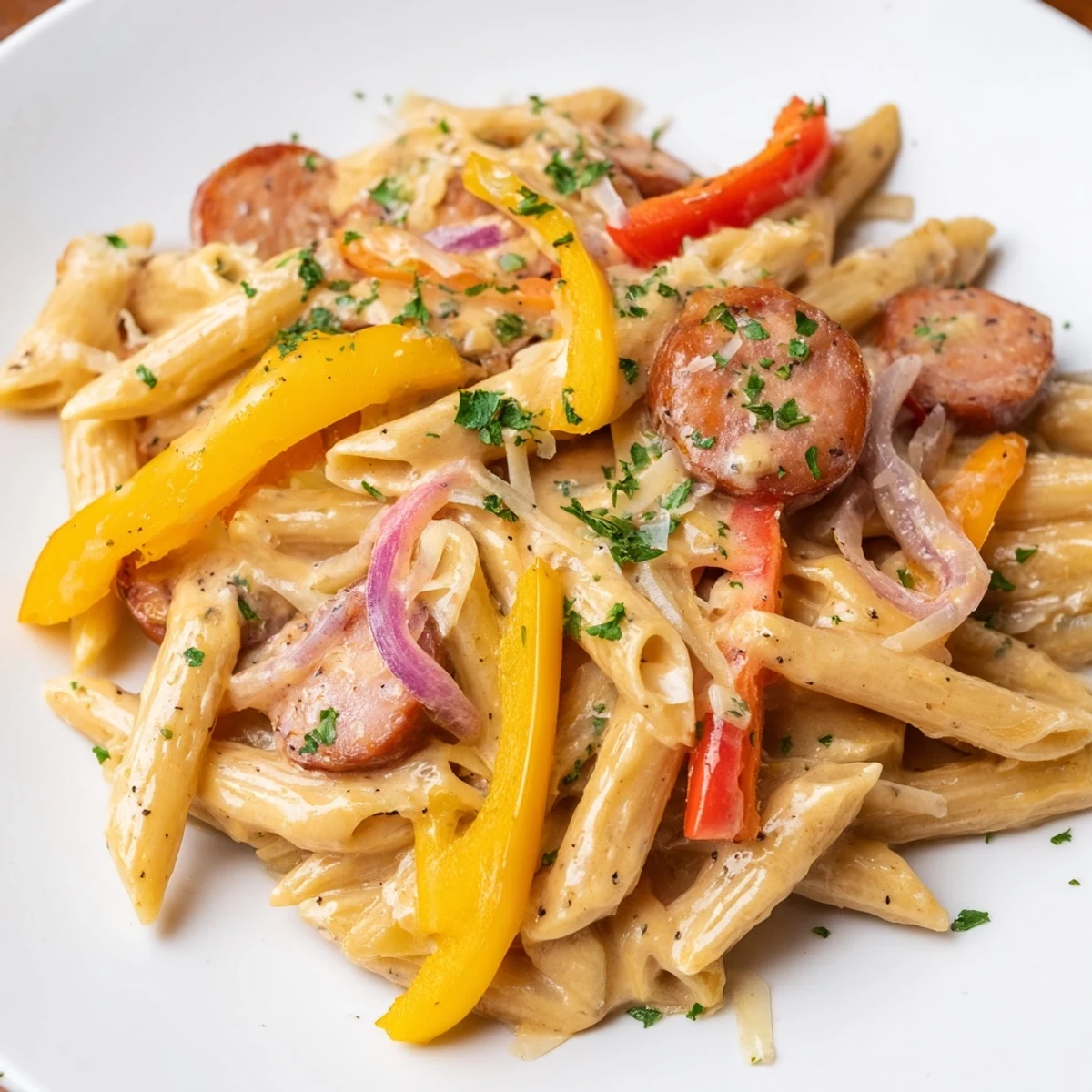 Rustic bowl of spicy Cajun sausage pasta tossed in rich Parmesan cream sauce