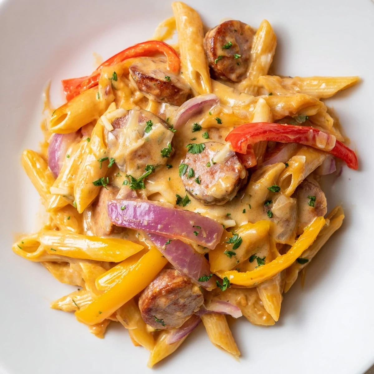 Steamy Cajun sausage pasta dish with sliced andouille, red peppers, and fresh parsley garnish