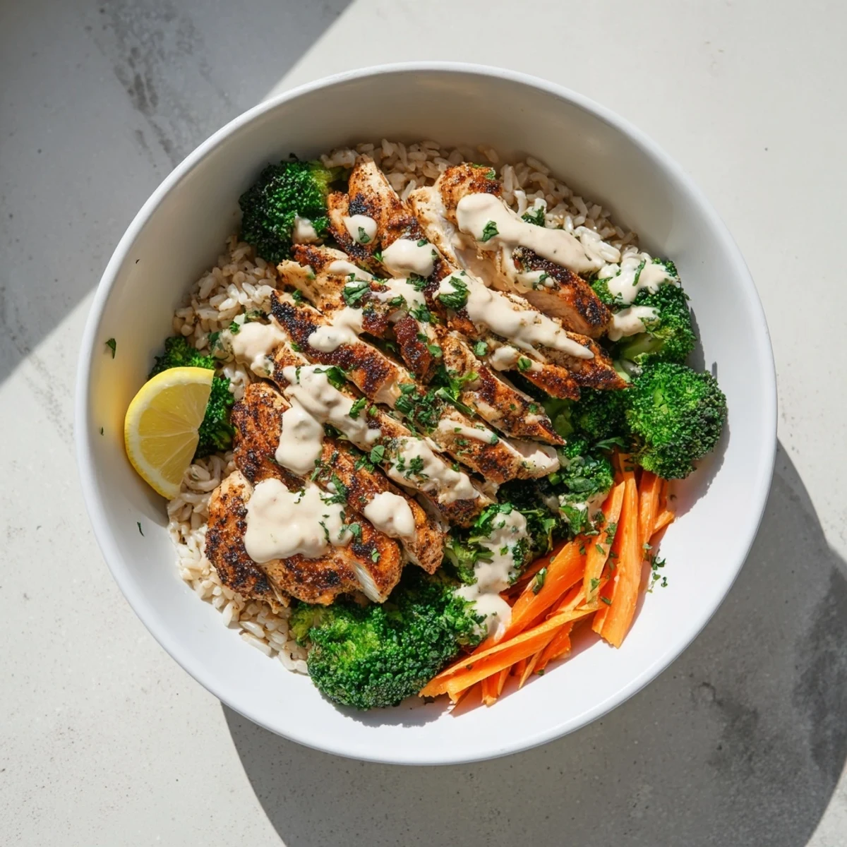 Healthy grilled chicken broccoli bowls with creamy garlic sauce arranged in a nourishing meal prep bowl