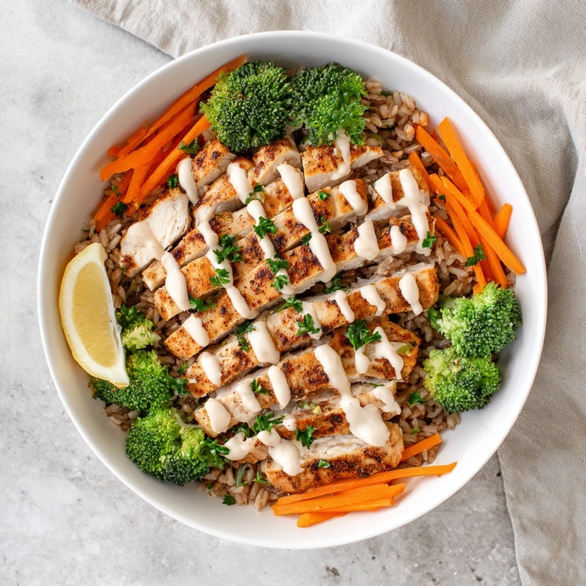 Sliced grilled chicken over steamed broccoli and grains drizzled with luscious creamy garlic sauce