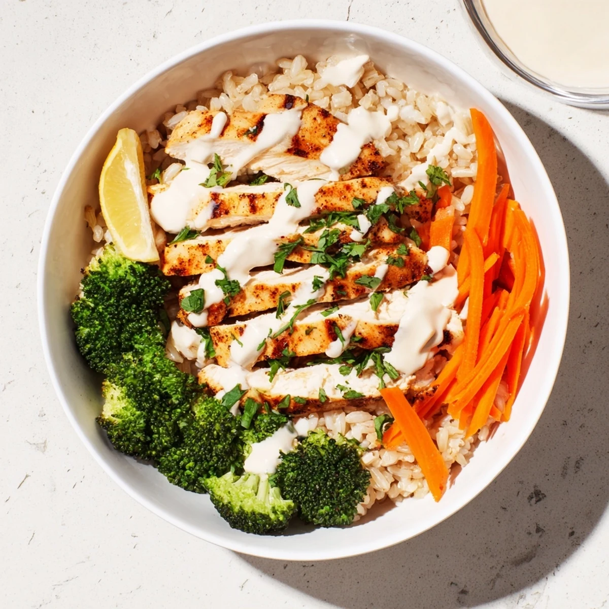 Protein-packed grilled chicken broccoli bowls featuring tender meat and fresh vegetables with garlic yogurt sauce