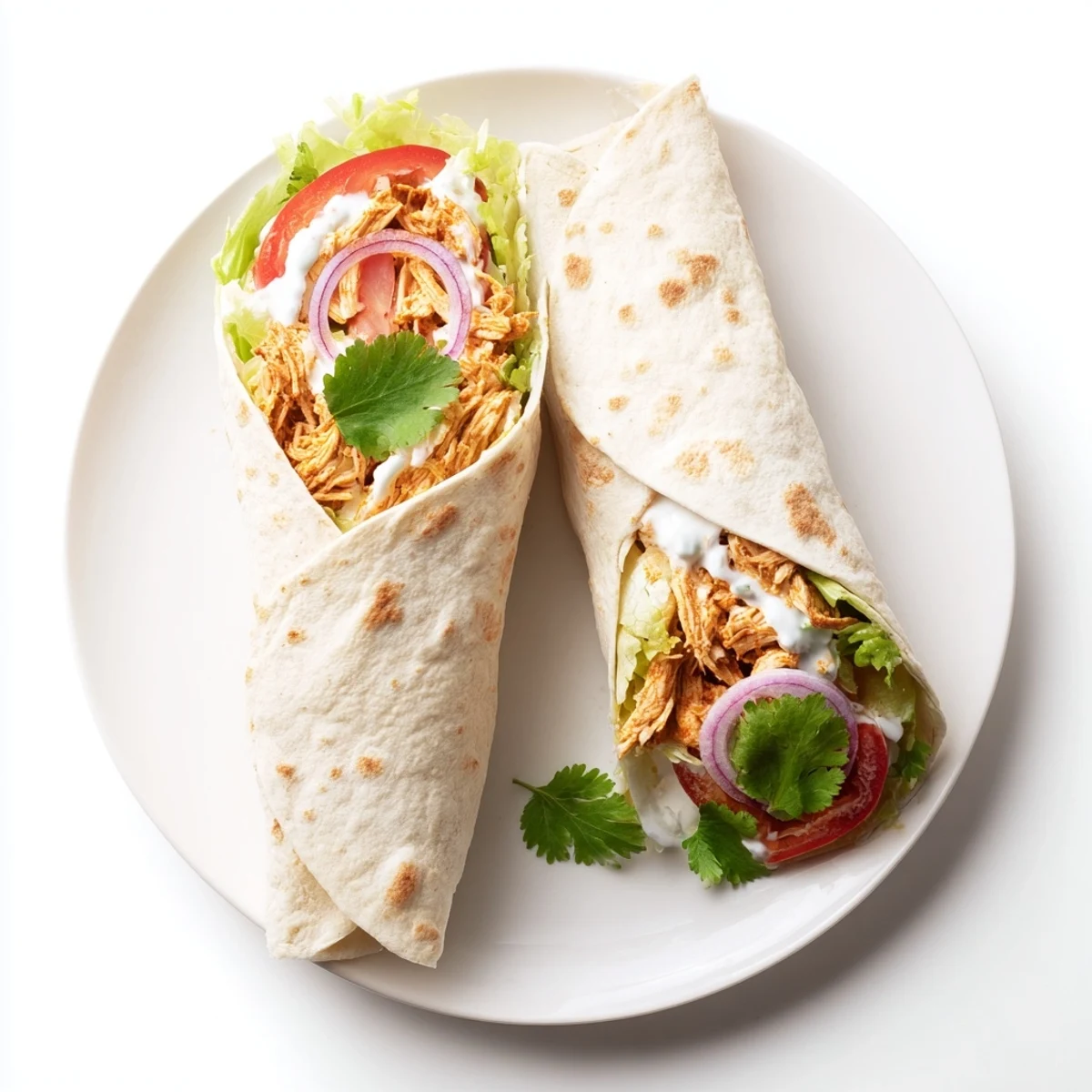 Golden high protein cottage cheese flatbread chicken wraps with crisp lettuce and fresh tomato slices
