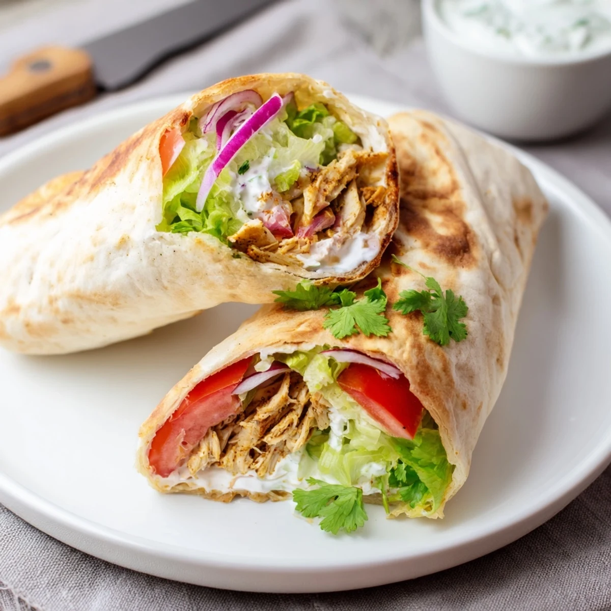 Protein-packed chicken wraps featuring golden baked cottage cheese flatbread layered with crunchy vegetables