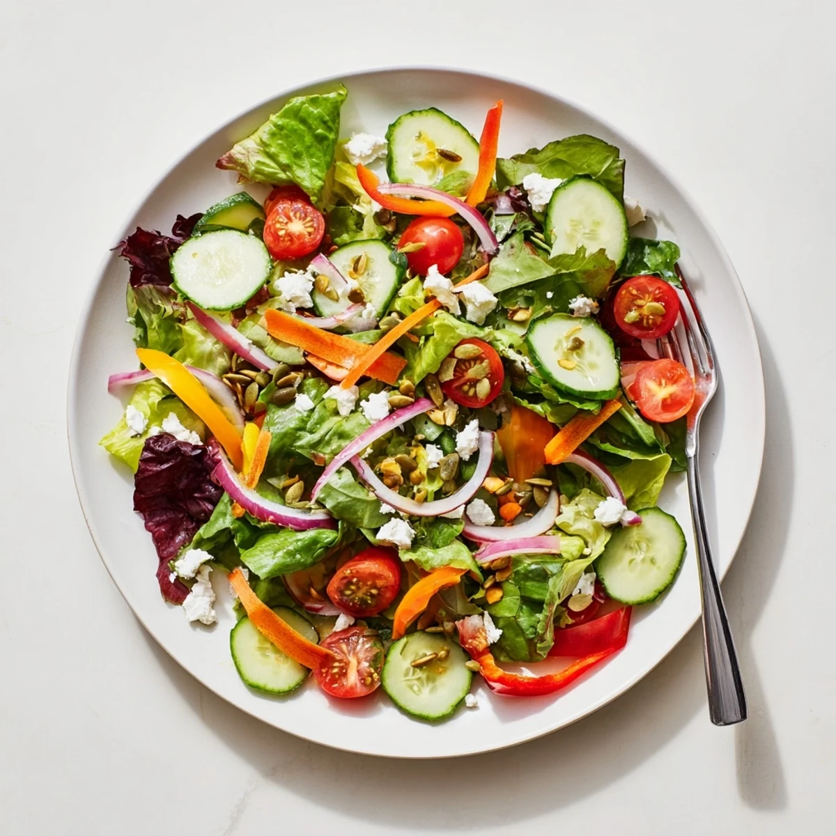 Vibrant garden salad with mixed greens, red bell pepper, and creamy feta cheese topped with pumpkin seeds