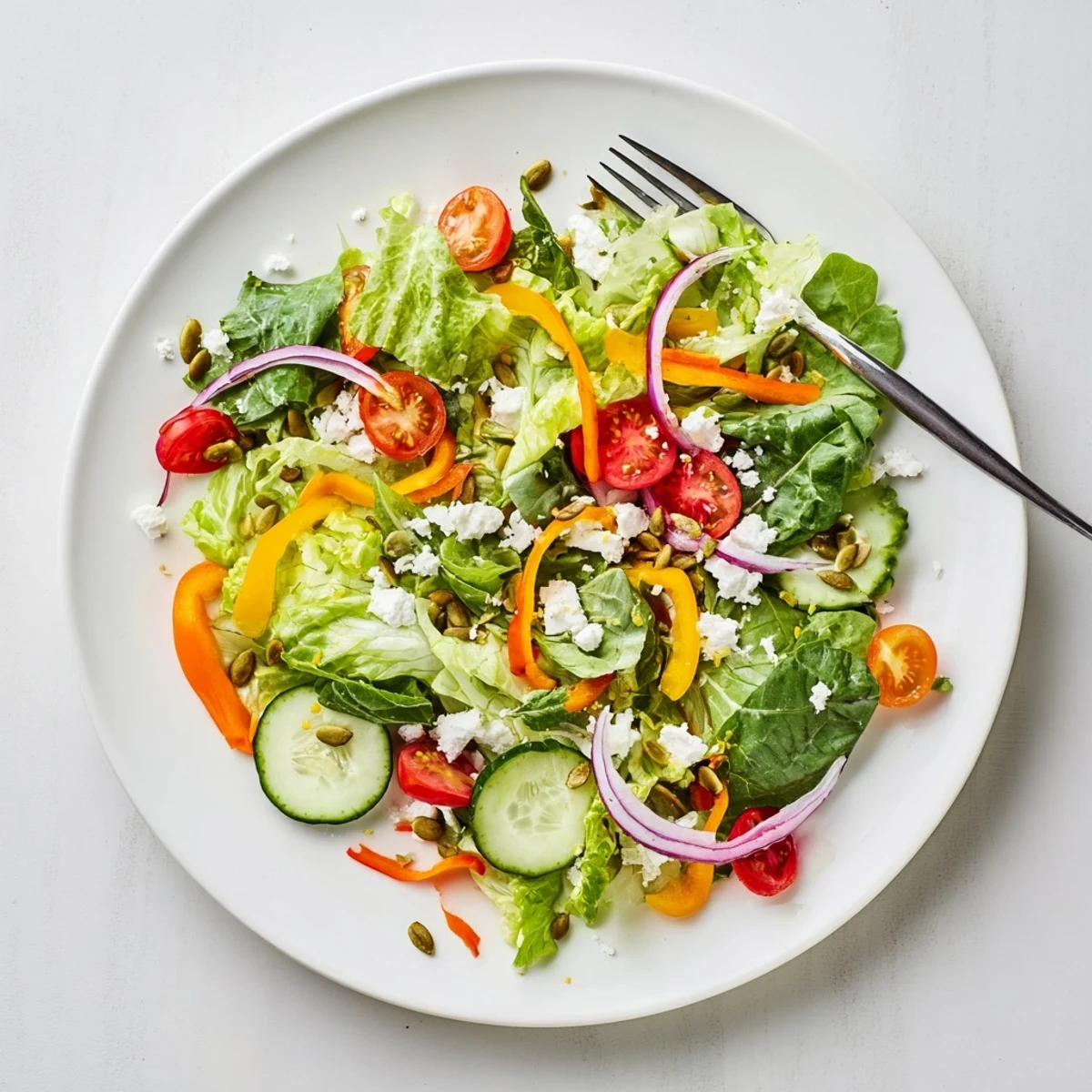 Fresh garden salad featuring seasonal vegetables tossed in light olive oil vinaigrette for a refreshing meal