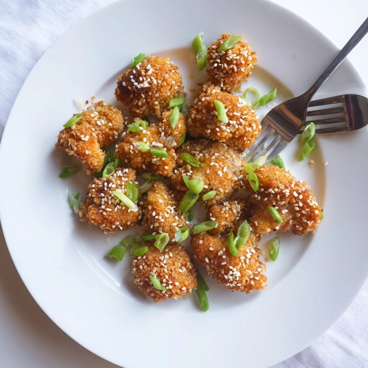 Golden crispy sticky honey garlic cauliflower drizzled with glossy sauce and sesame seeds
