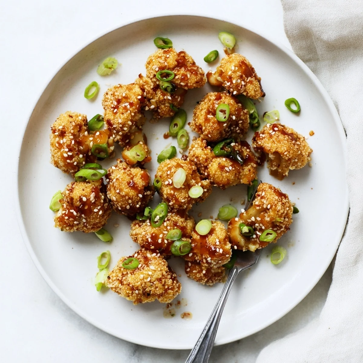 Baked cauliflower florets tossed in sweet honey garlic glaze garnished with fresh green onions