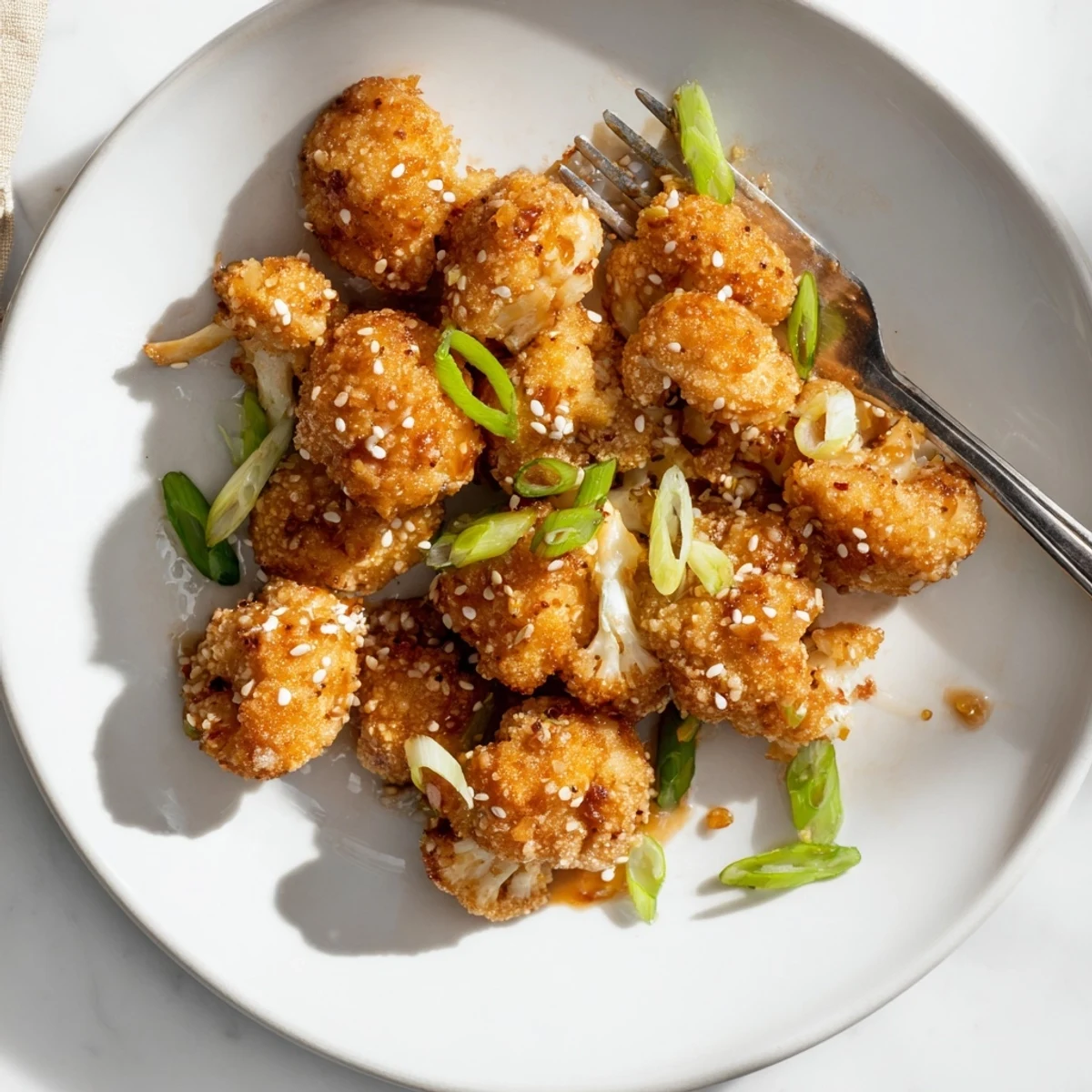 Asian-inspired sticky honey garlic cauliflower coated in panko breadcrumbs and savory honey sauce