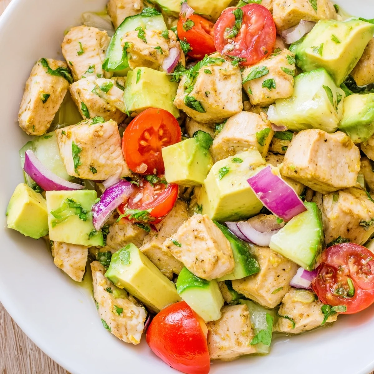 Colorful bowl of healthy avocado chicken salad with fresh vegetables and tangy lime dressing
