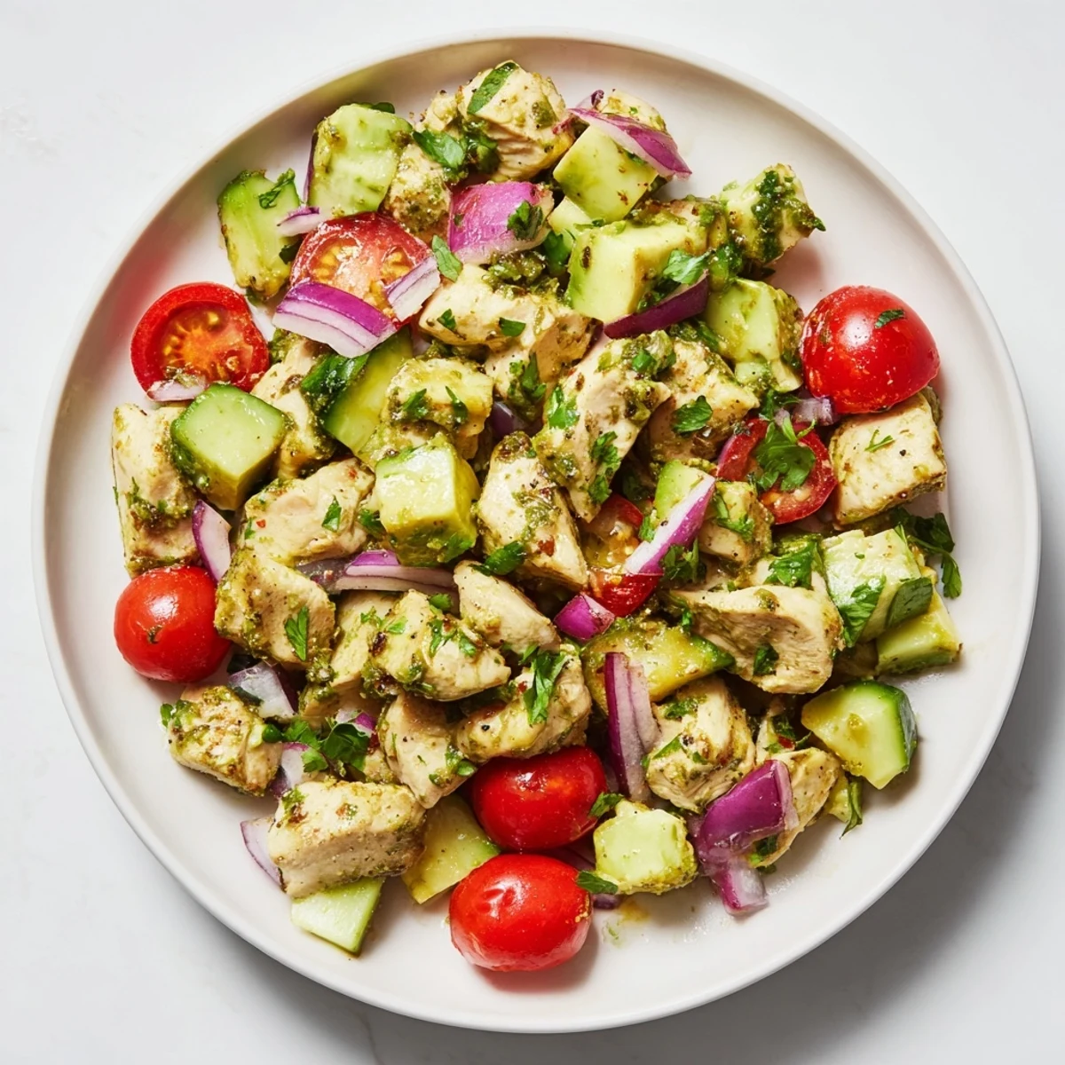 Fresh healthy avocado chicken salad featuring juicy grilled chicken cubes and crisp colorful veggies
