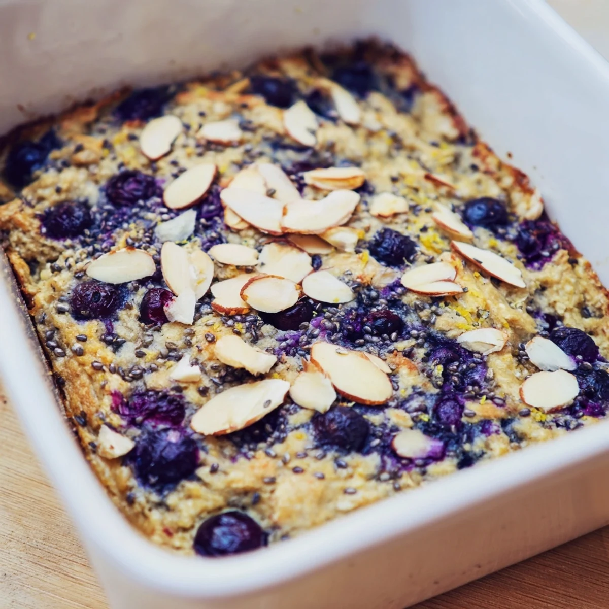 Golden high protein lemon blueberry breakfast bake topped with fresh blueberries and sliced almonds