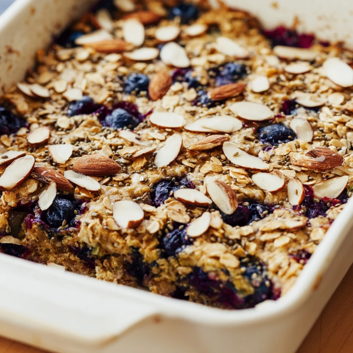 Slices of protein-packed lemon blueberry breakfast bake served warm with maple syrup drizzle