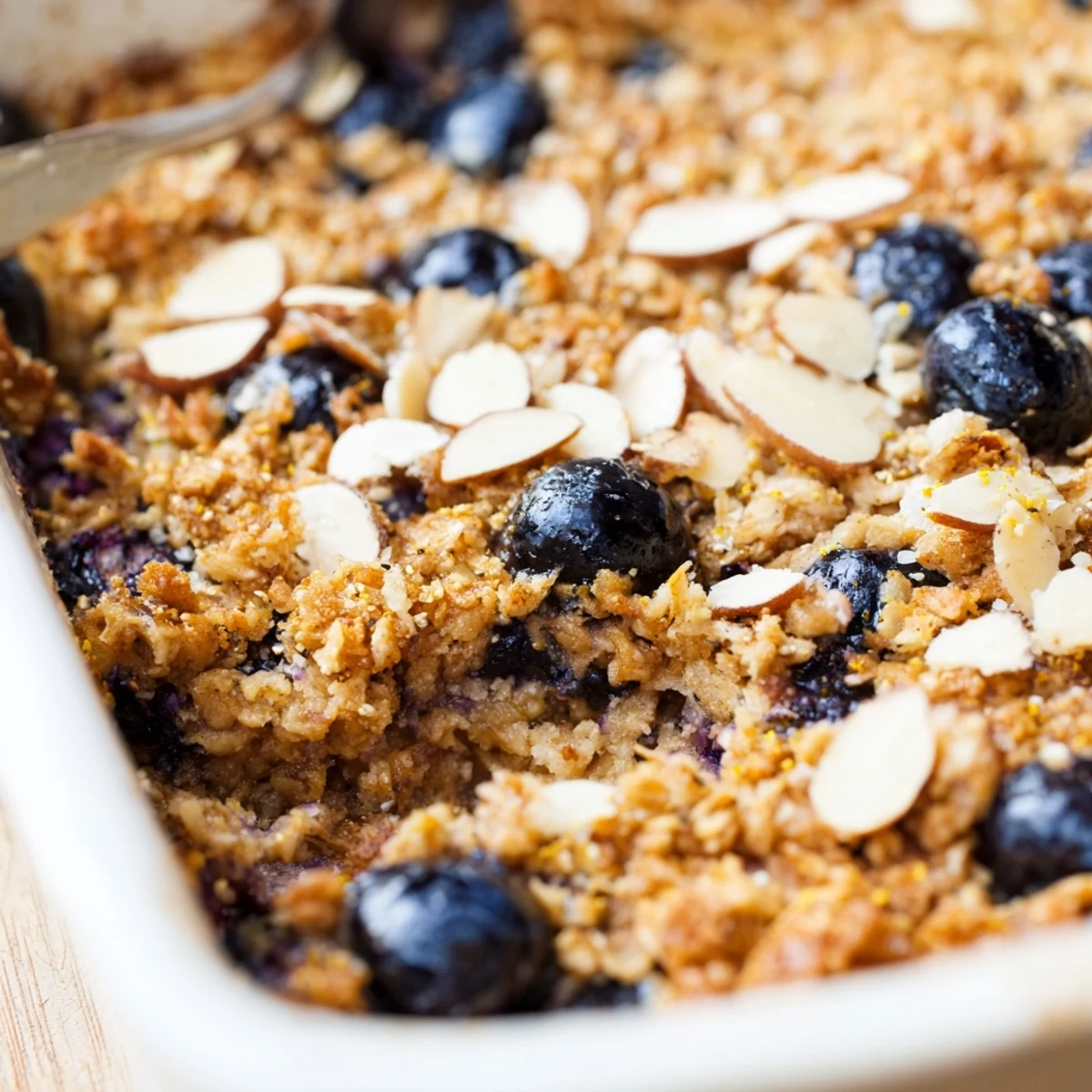 Baked high protein lemon blueberry breakfast bake with juicy fruit bursting through the golden oat crust