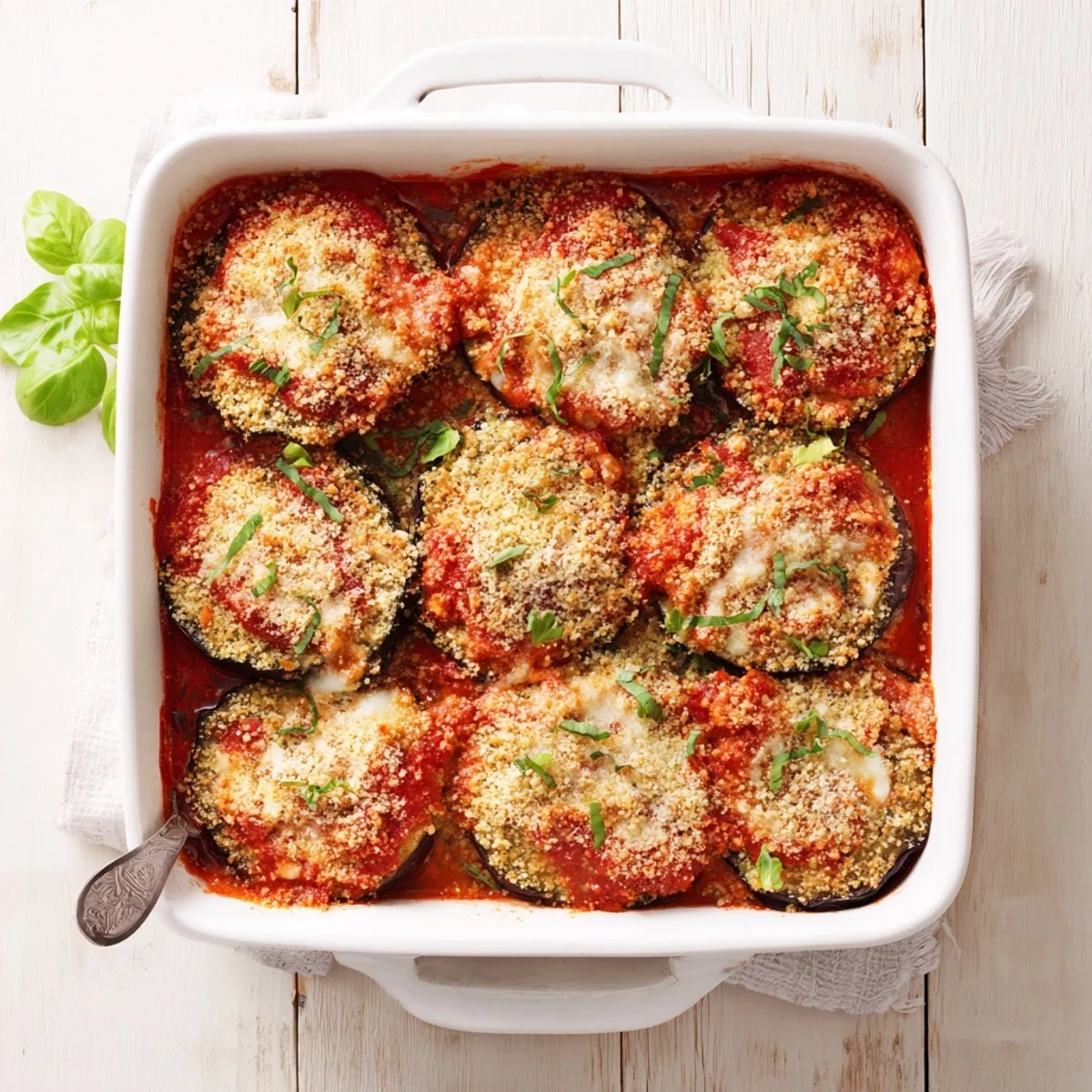 Golden brown baked eggplant parmesan layered with marinara and bubbly melted mozzarella cheese