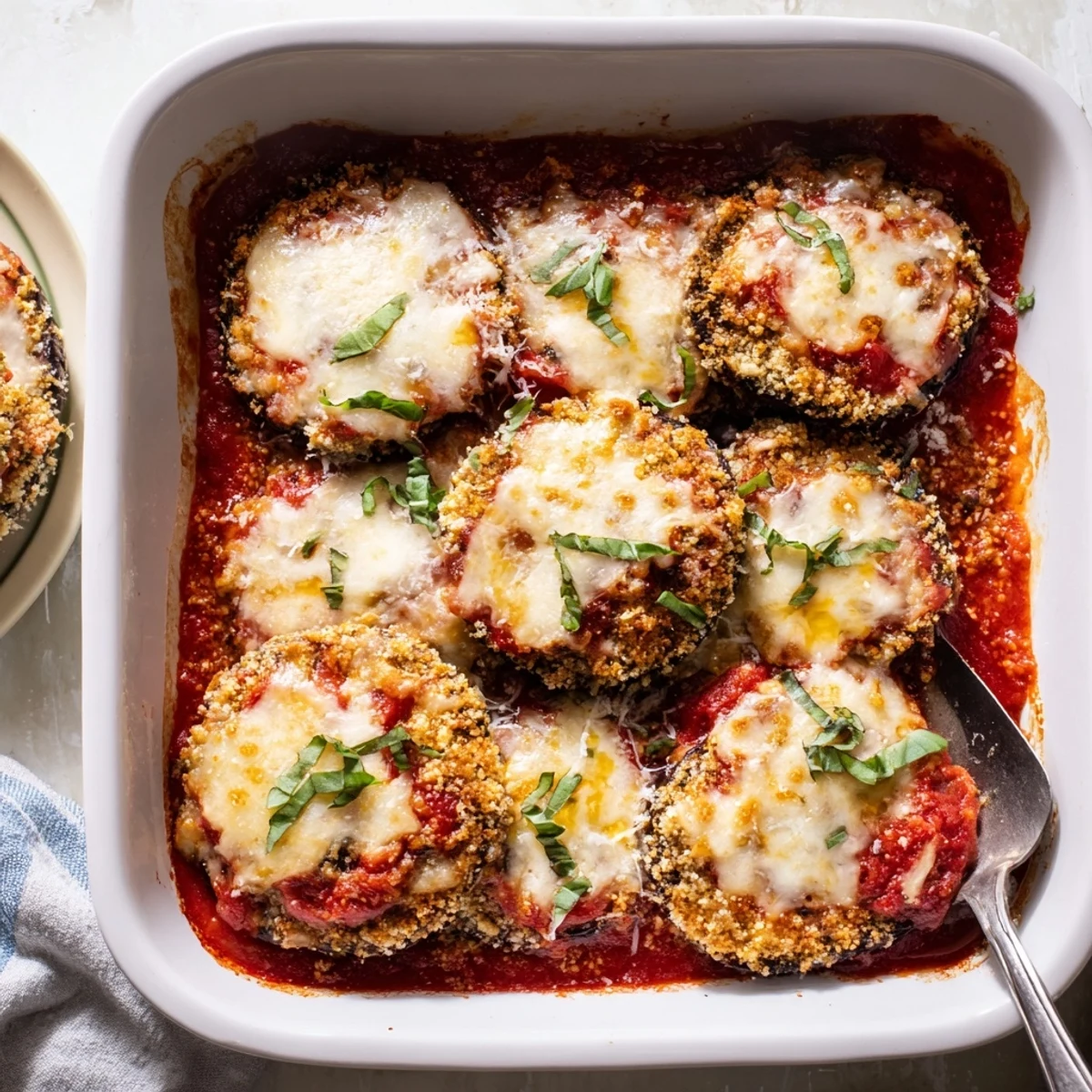 Crispy breaded eggplant parmesan casserole topped with fresh basil and grated parmesan