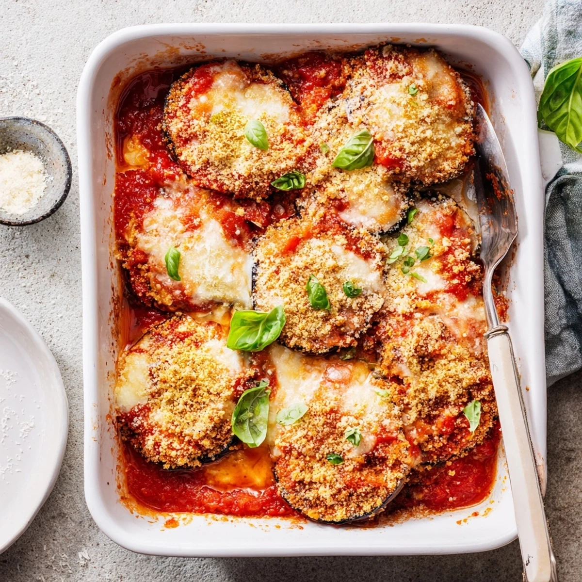 Homemade baked eggplant parmesan slices stacked with tomato sauce and gooey cheese layers