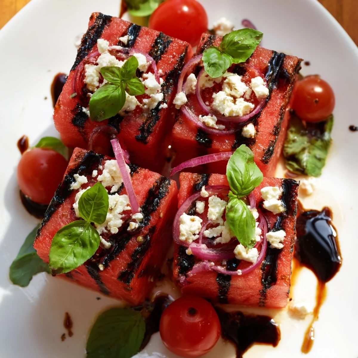 Grilled watermelon and feta salad with fresh basil served on a white platter