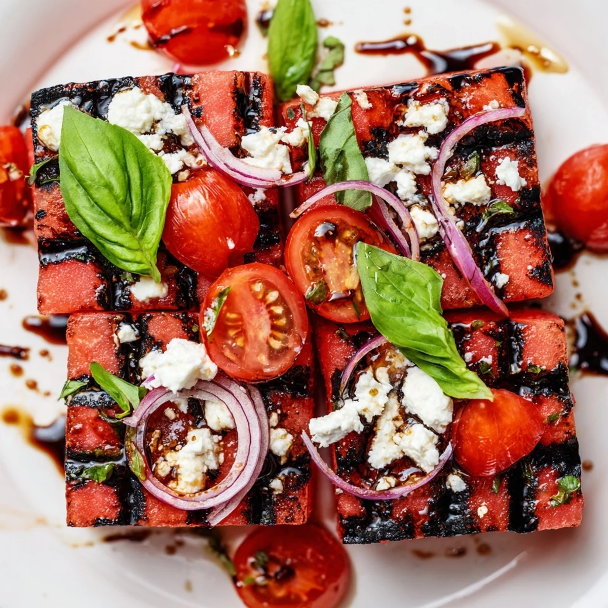 Summer salad featuring smoky grilled watermelon cubes topped with crumbled feta cheese