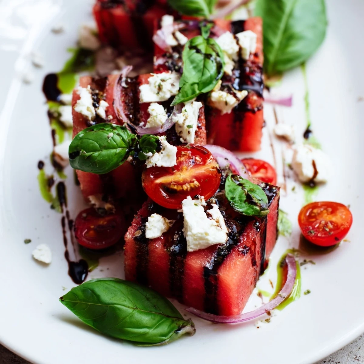 Vibrant Mediterranean salad with grilled watermelon, cherry tomatoes, and fresh basil leaves