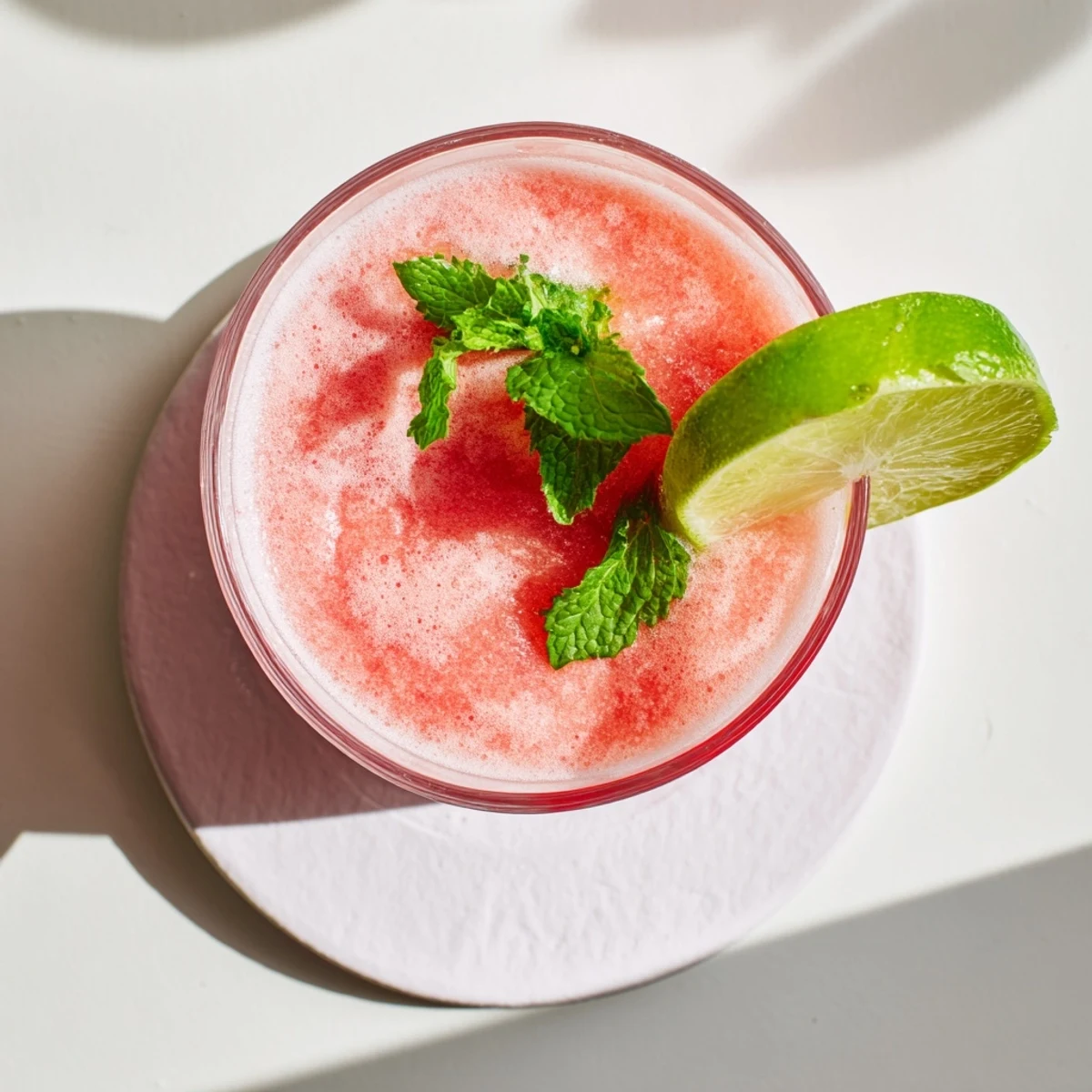 Pink Coconut Lime Watermelon Slushie served in chilled glasses with fresh mint garnish