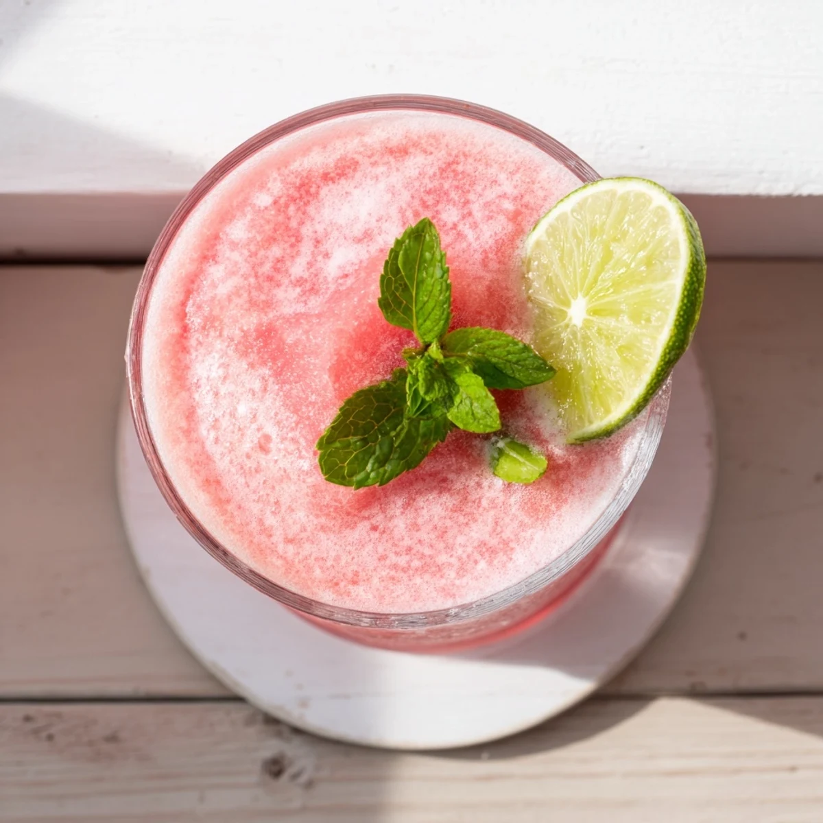 Creamy frozen watermelon blended with coconut milk and lime in this refreshing tropical slushie recipe