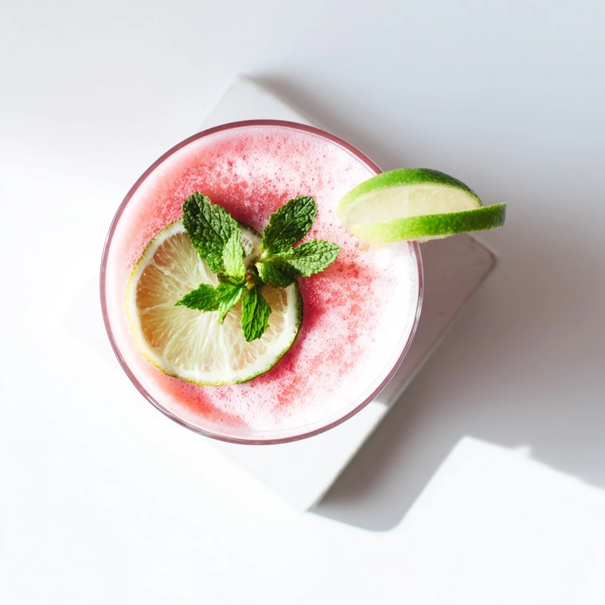 Tall glass of pink Coconut Lime Watermelon Slushie topped with lime slice and mint leaves