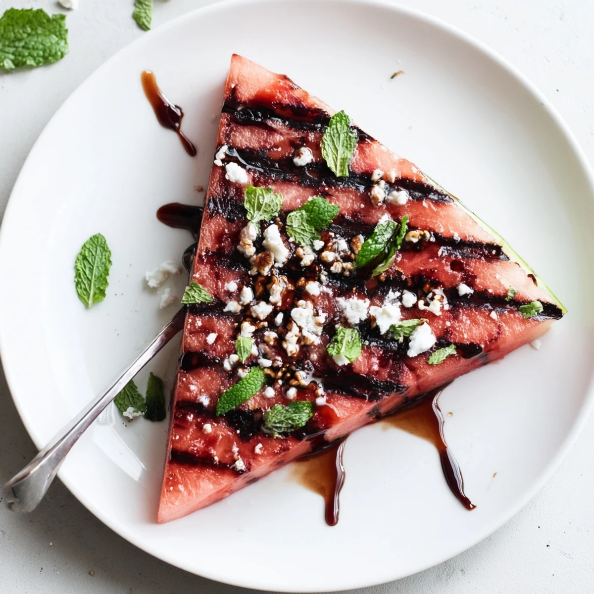 Thick grilled watermelon steak with charred grill marks and fresh mint garnish