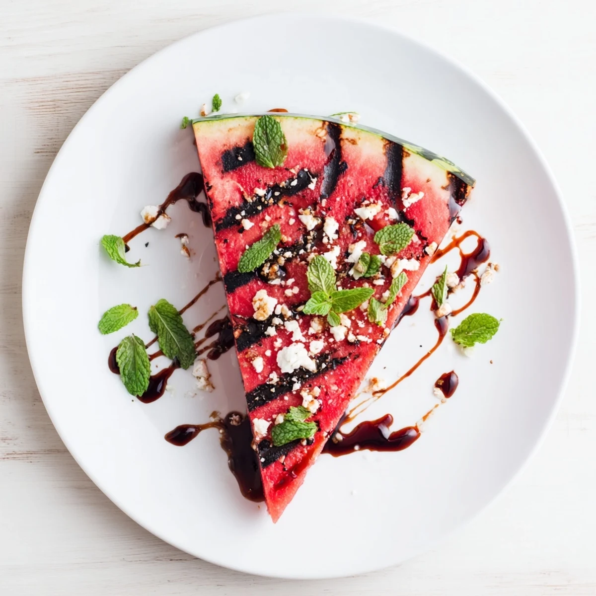 Juicy grilled watermelon steak topped with crumbled feta and flaky sea salt