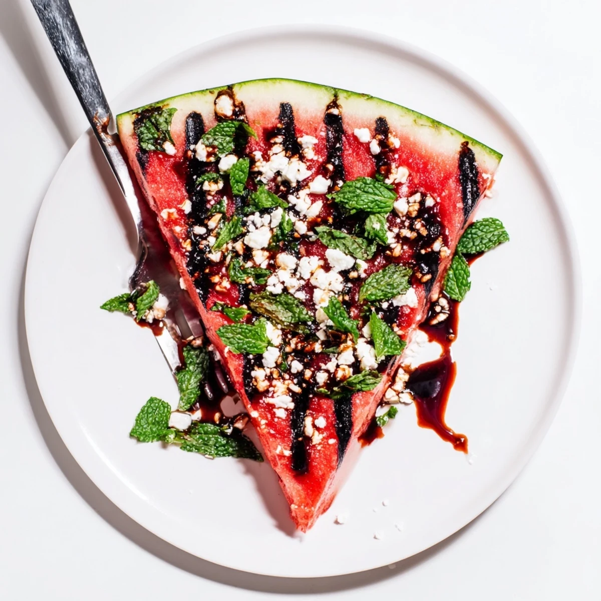 Savory watermelon steak seasoned with smoked paprika and balsamic glaze on white plate