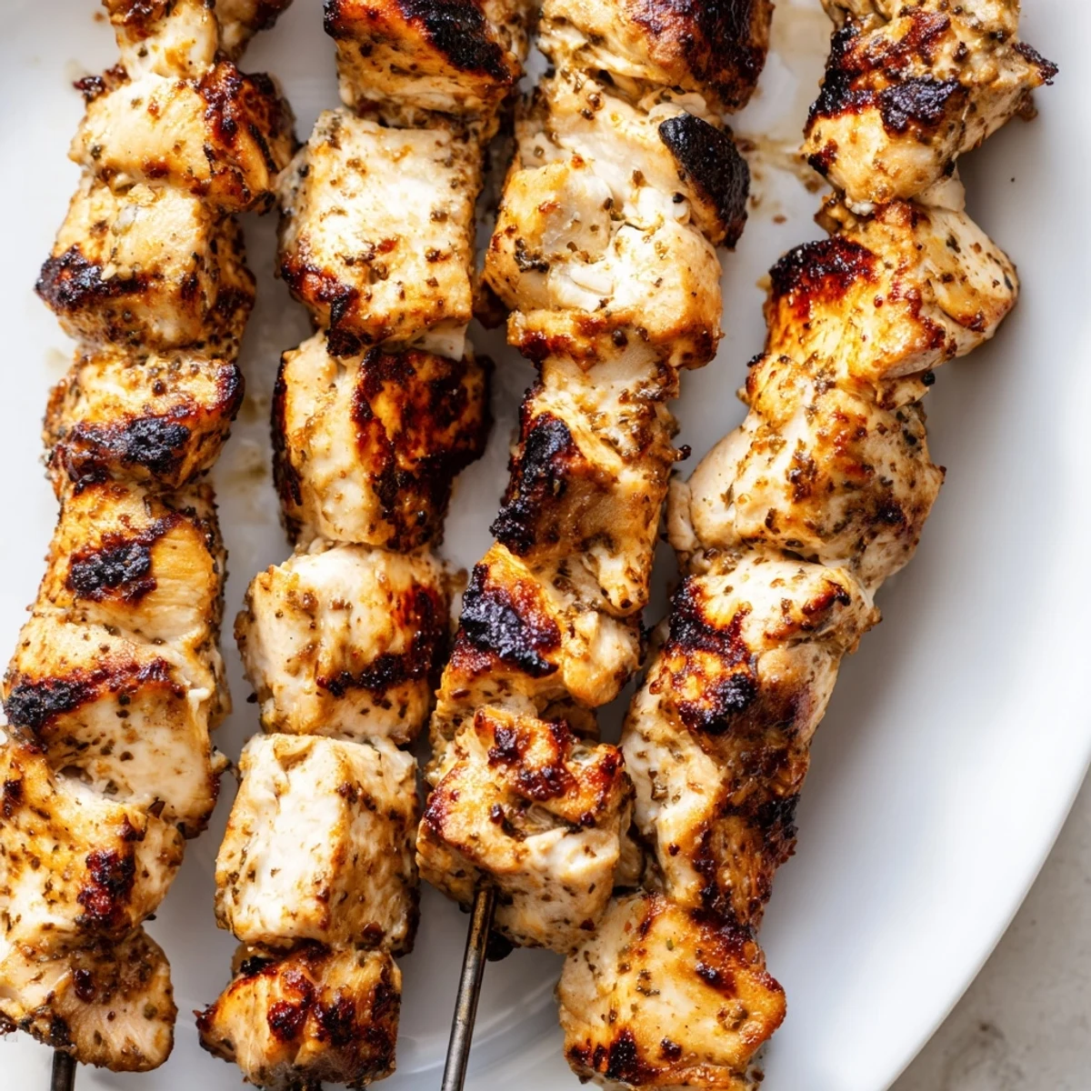 Golden charred Greek yogurt marinated chicken skewers stacked on a white serving platter with fresh lemon wedges and chopped parsley garnish.