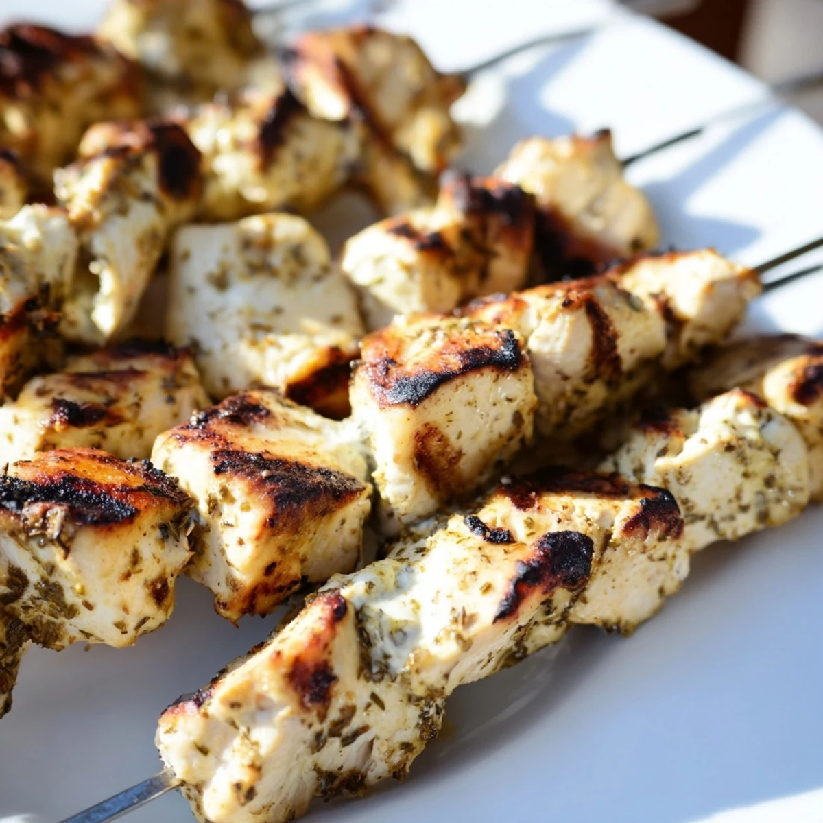 Tender grilled chicken pieces threaded onto metal skewers, featuring a spiced Greek yogurt crust and light grill marks against a dark background.