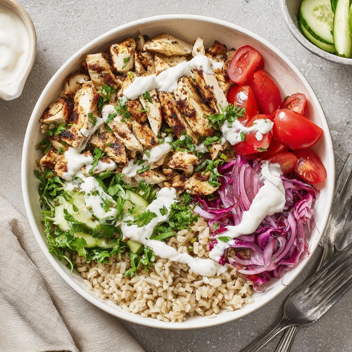 Vibrant healthy chicken shawarma bowl topped with juicy spiced chicken and fresh colorful vegetables over fluffy brown rice