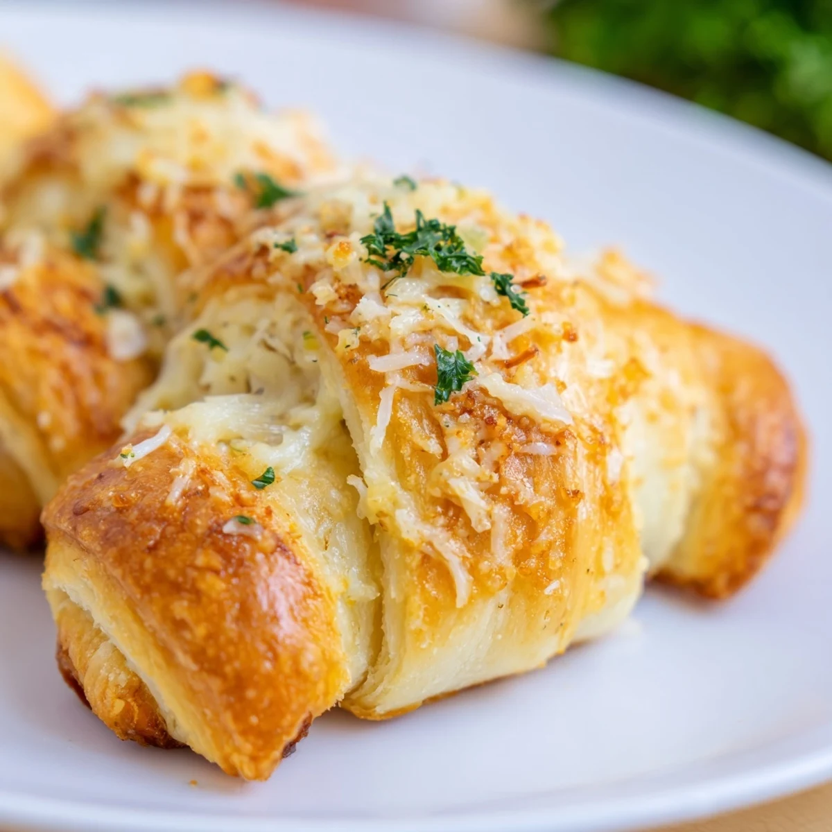 Golden brown cheesy garlic butter rollups with melted cheese oozing from flaky crescent dough