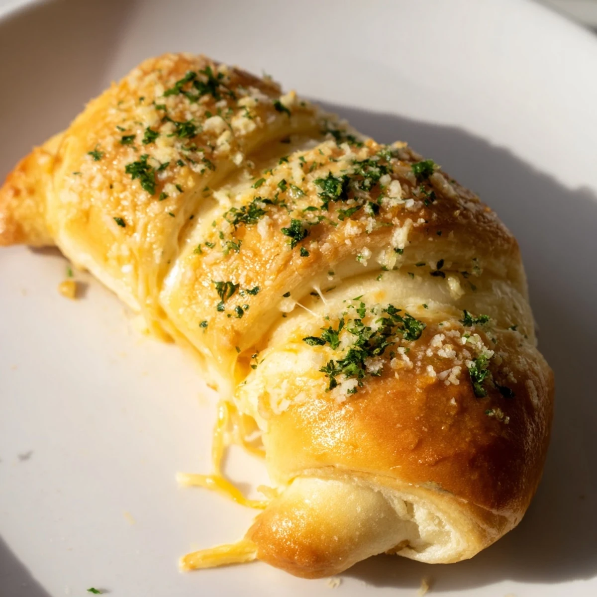 Baked cheesy garlic butter rollups brushed with garlic parsley butter and served warm on a platter