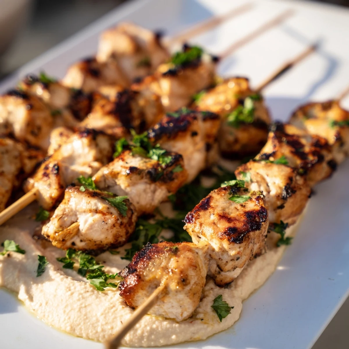 Golden grilled Mediterranean chicken skewers arranged over creamy hummus spread with fresh parsley garnish