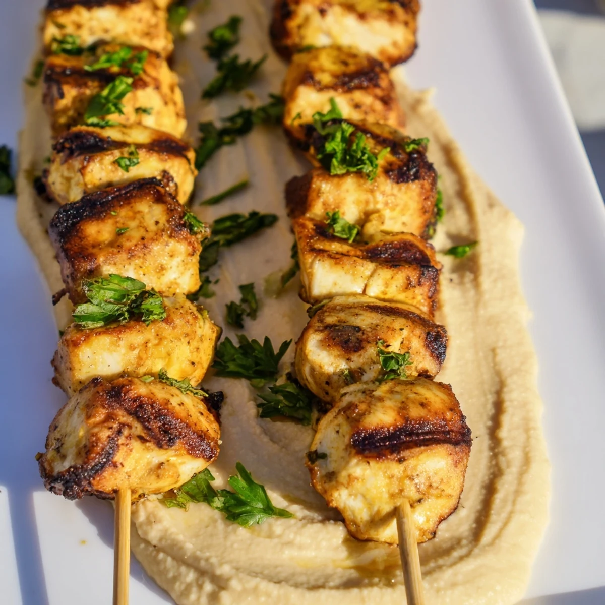Succulent marinated chicken skewers resting atop velvety hummus spread garnished with fresh herbs and citrus