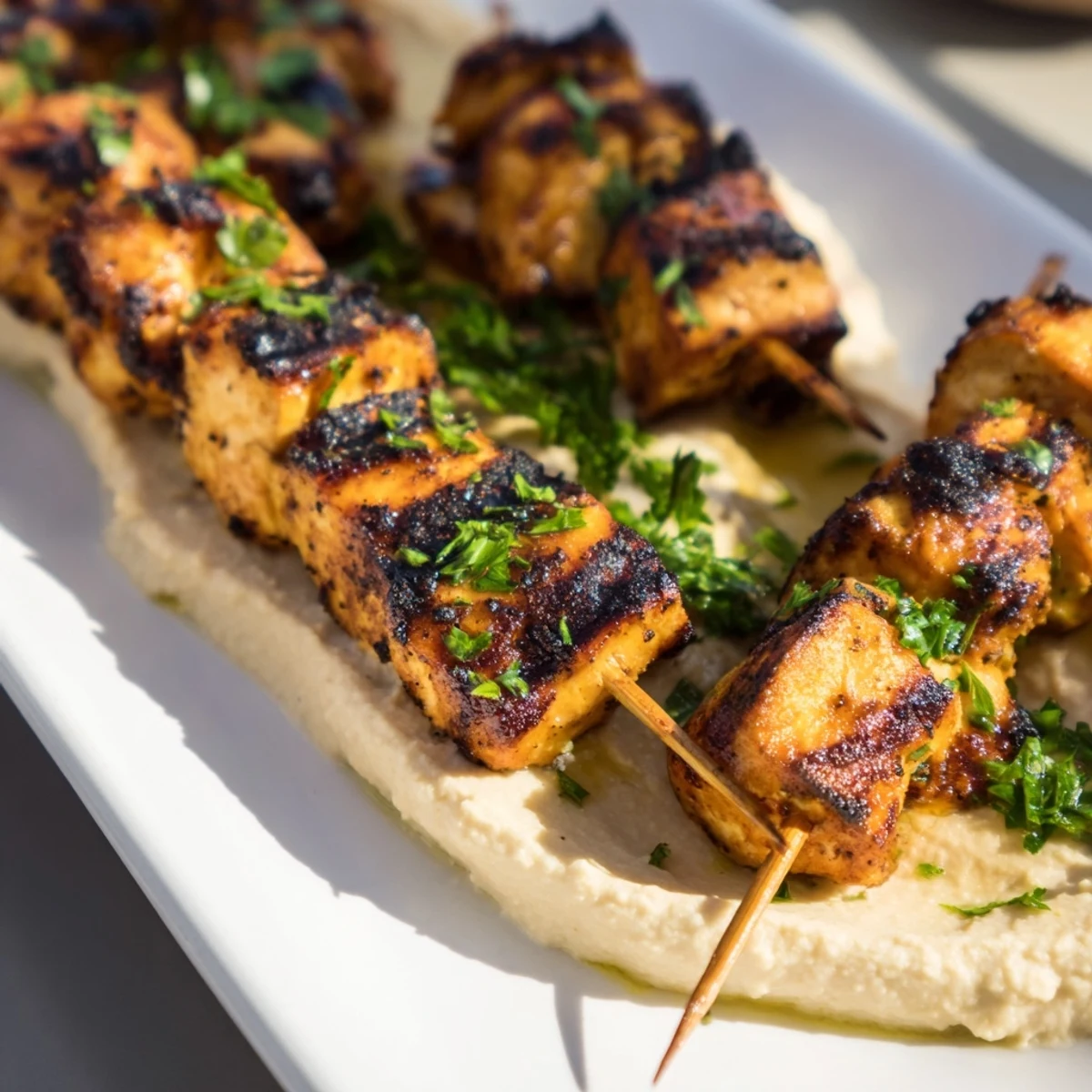 Tender charred chicken skewers plated on smooth hummus drizzled with olive oil and lemon wedges