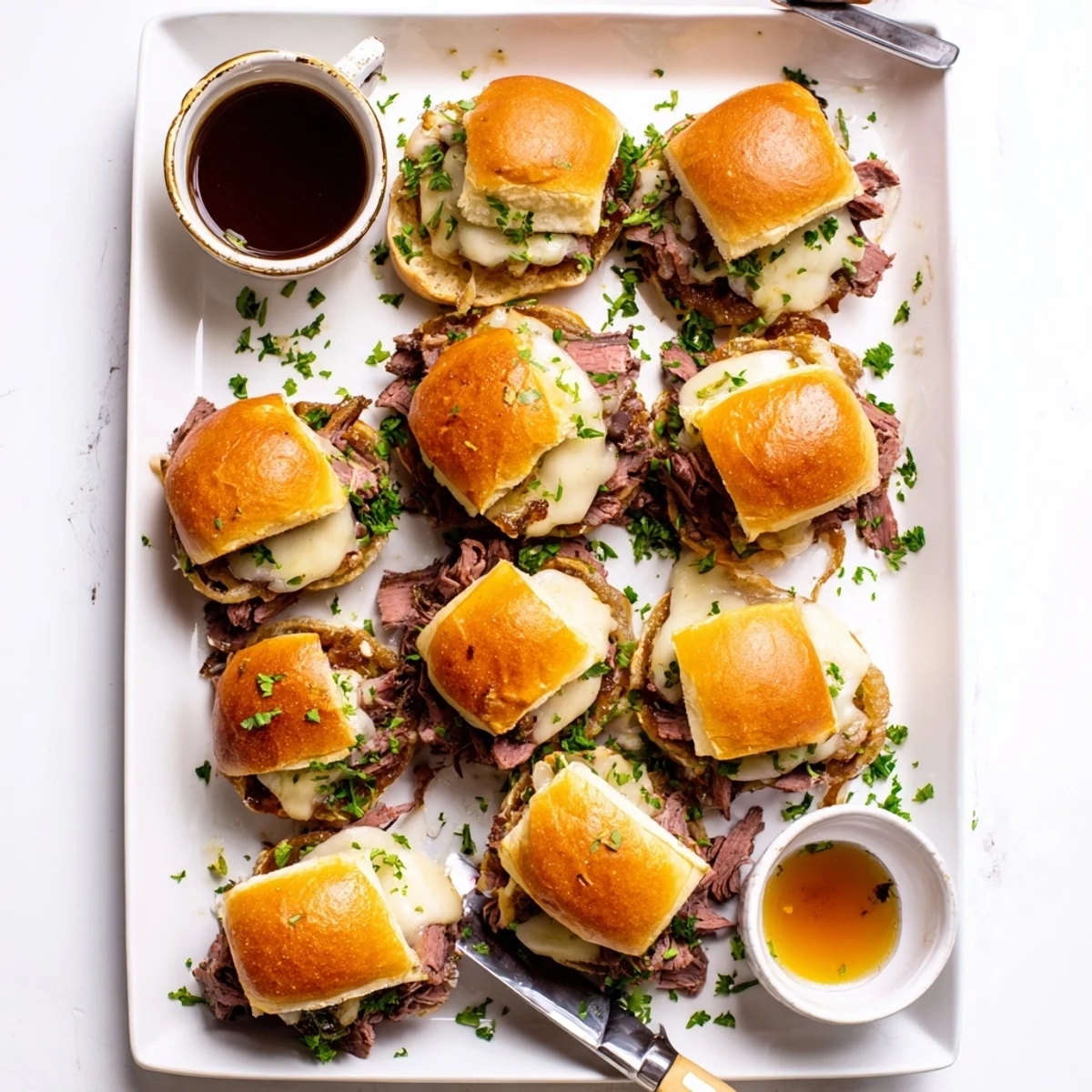 Baked French dip sliders with melted cheese served alongside rich beef au jus dipping sauce