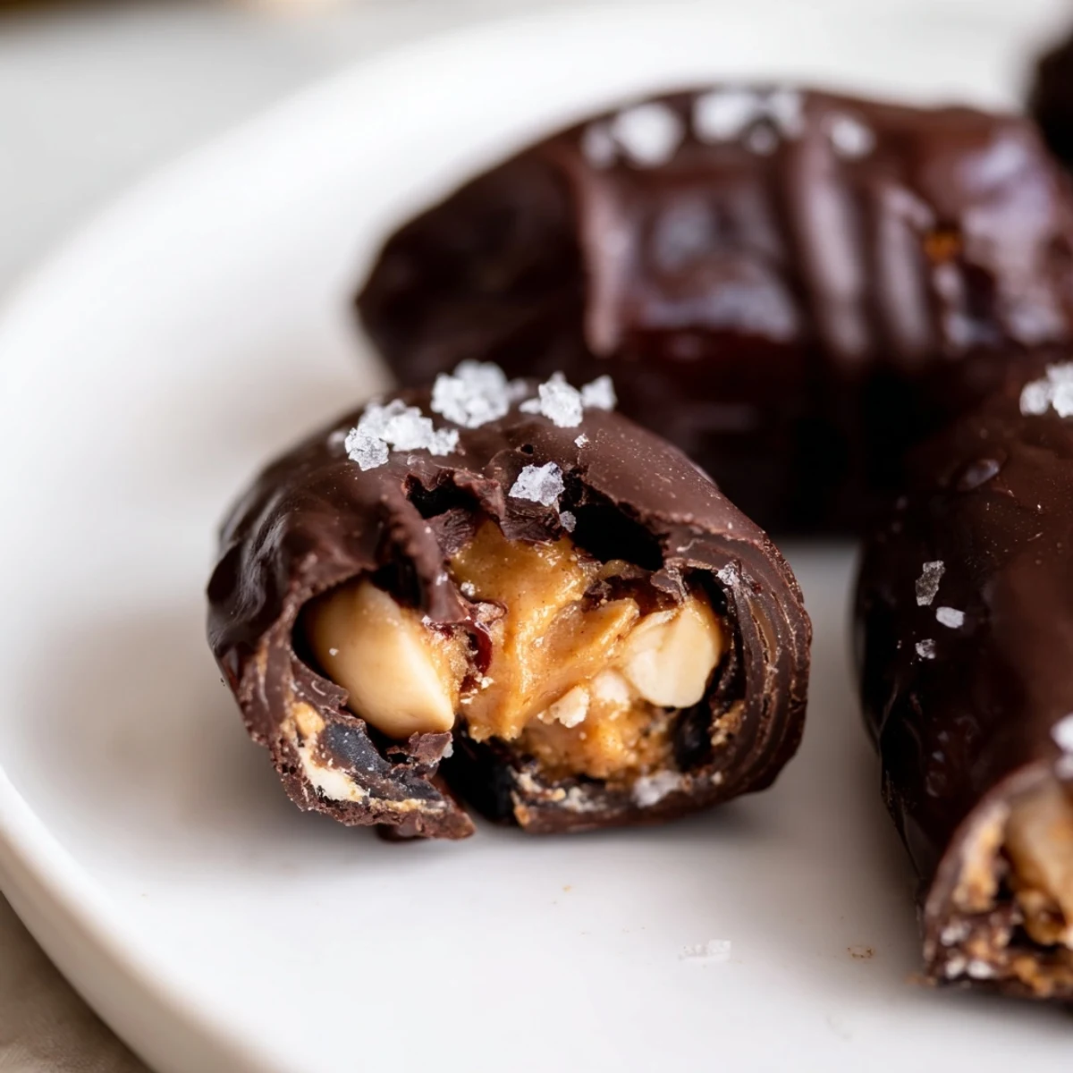 Decadent stuffed date Snickers feature creamy peanut butter and roasted peanuts coated in rich dark chocolate