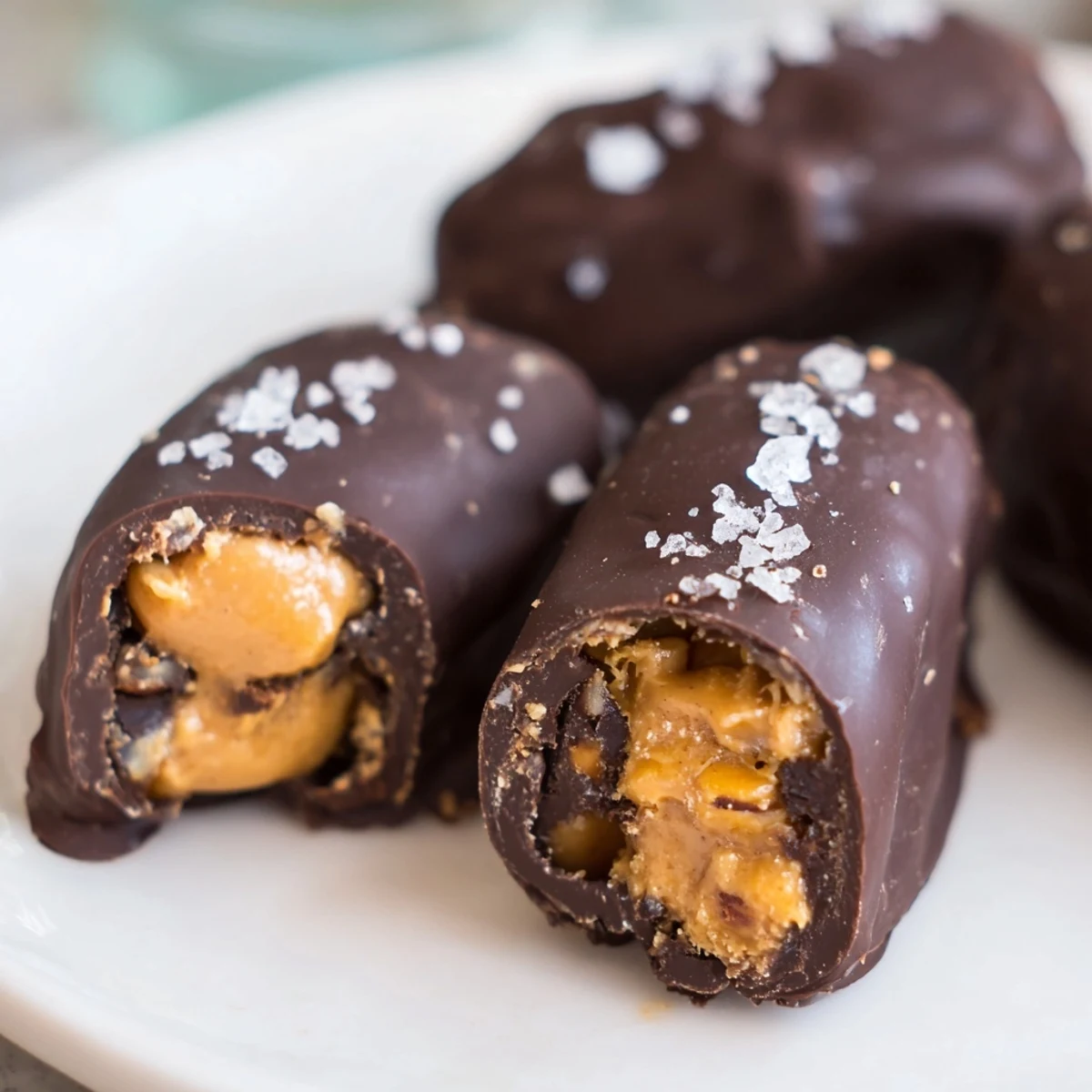 No-bake date Snickers candy bar alternative with sweet Medjool dates filled with crunchy peanut butter centers