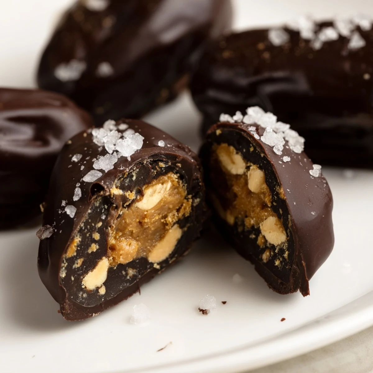 Healthy homemade date Snickers dessert drizzled with melted dark chocolate and sprinkled with flaky sea salt