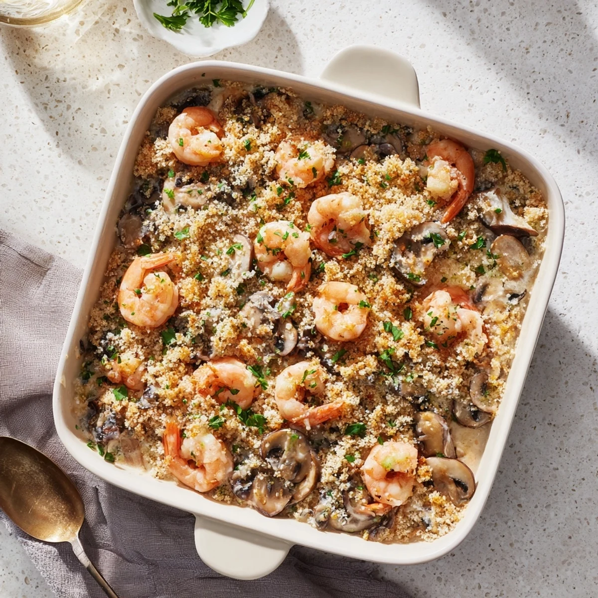 Golden brown shrimp mushroom casserole topped with crispy panko breadcrumbs and melted Parmesan cheese