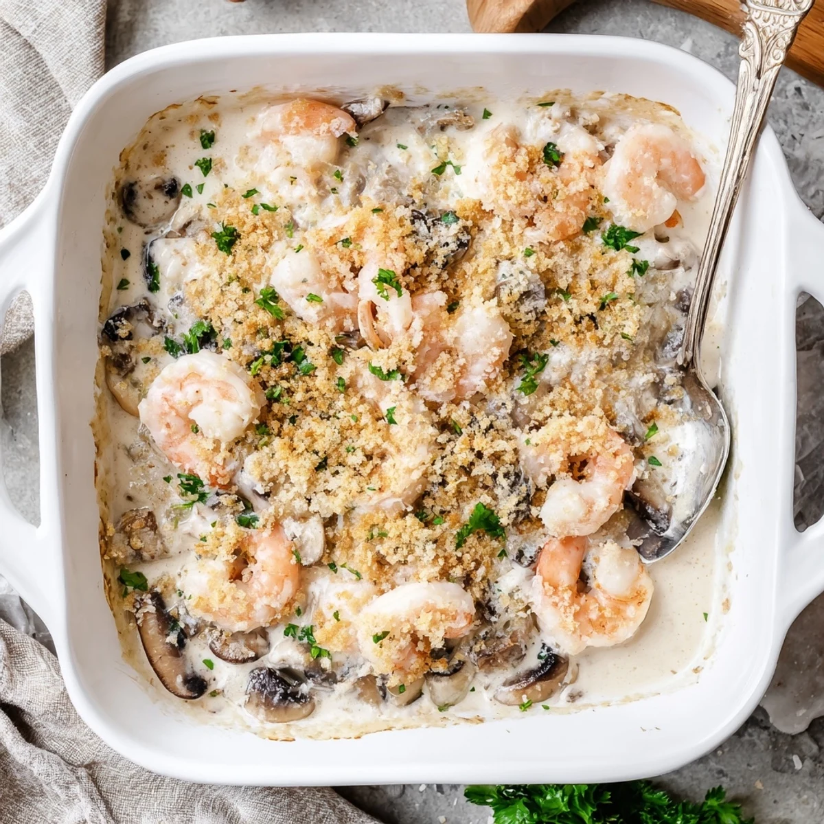 Creamy baked shrimp mushroom casserole bubbling in a serving dish with tender pink shrimp visible