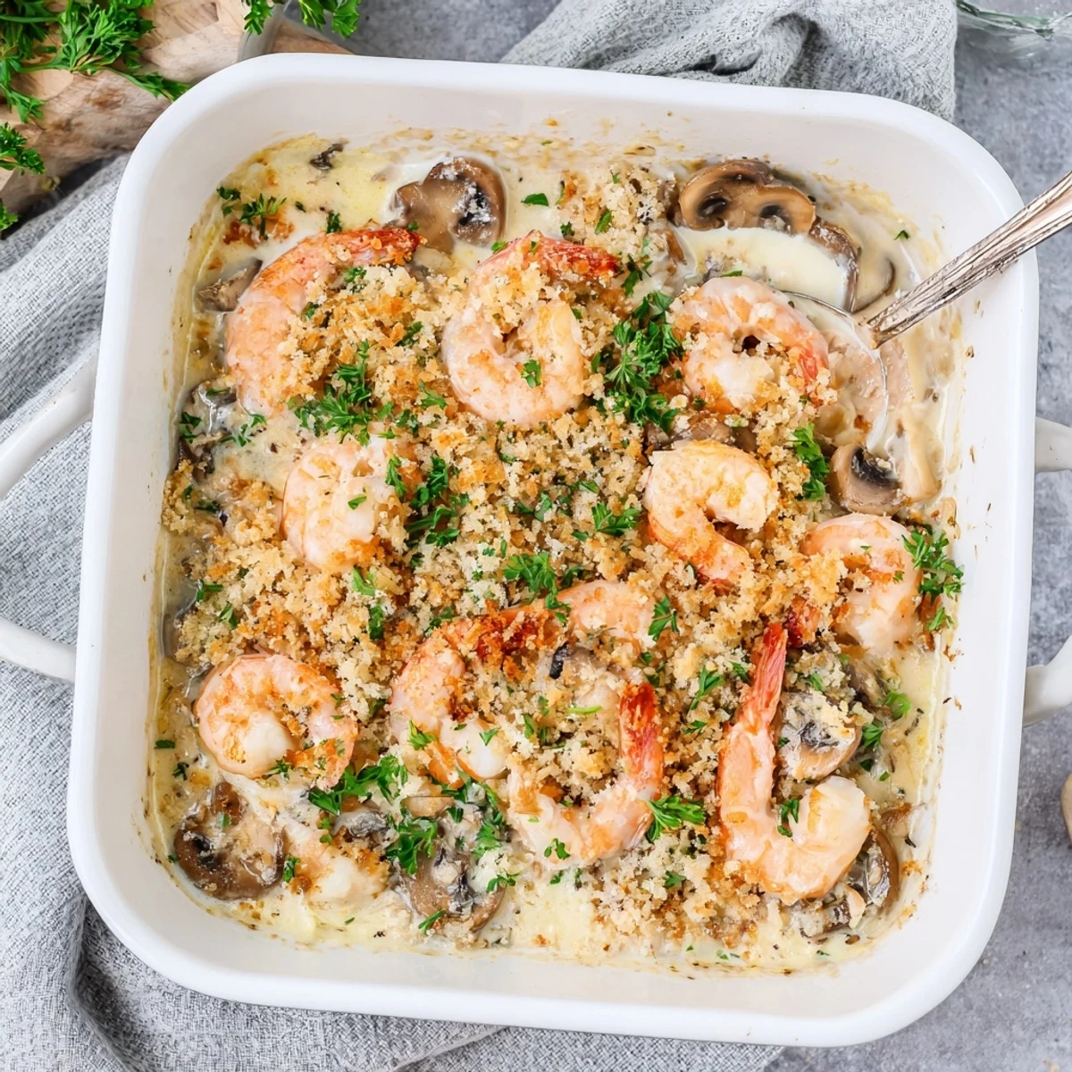 Shrimp mushroom casserole fresh from the oven with golden breadcrumb crust and savory creamy sauce