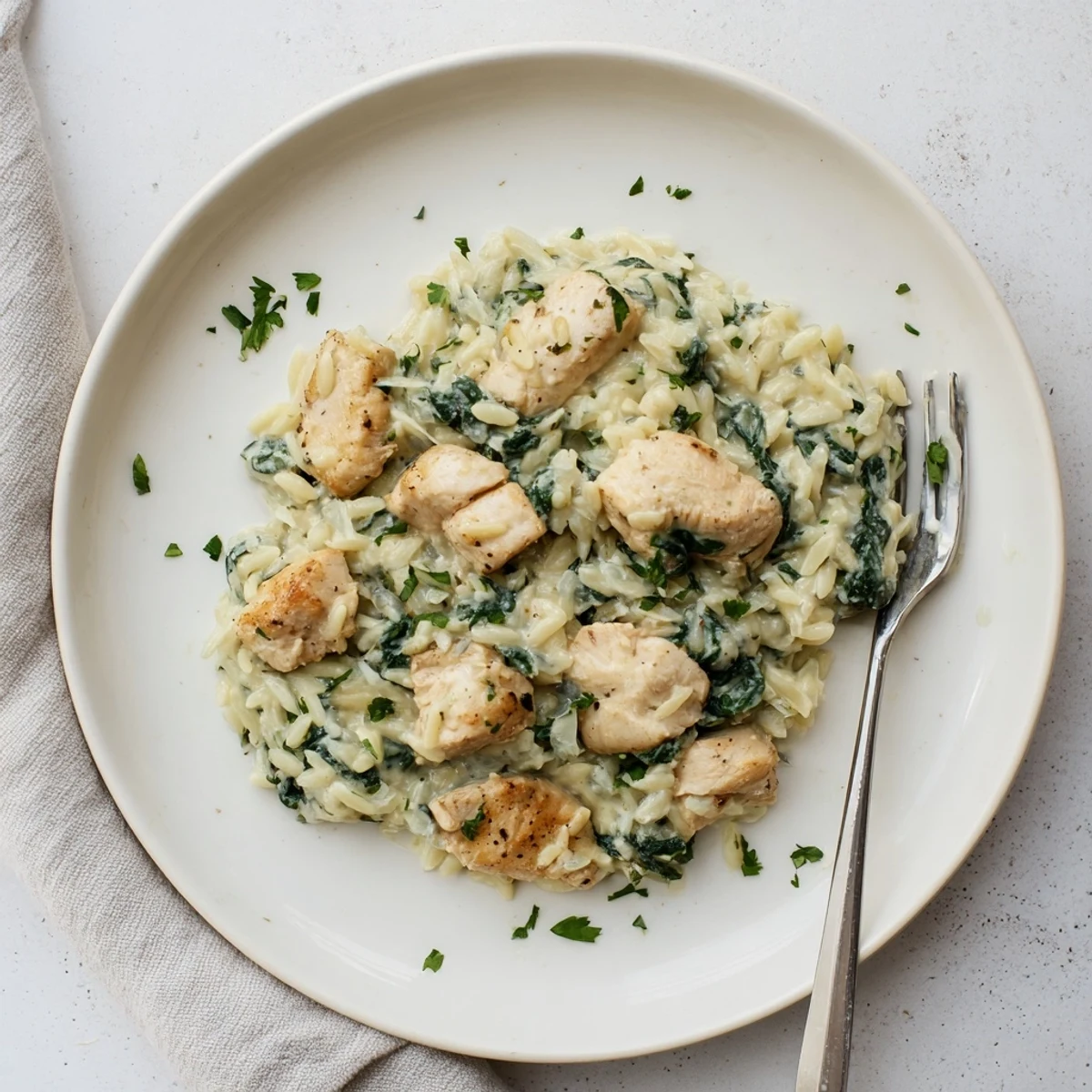 Savory one pan Boursin chicken orzo featuring melty cheese vibrant spinach and al dente pasta
