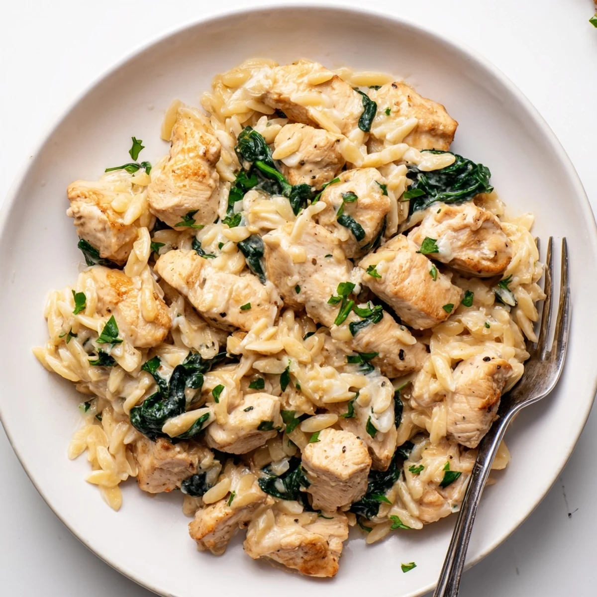 Golden chicken pieces swimming in rich Boursin sauce with tender orzo pasta and fresh spinach