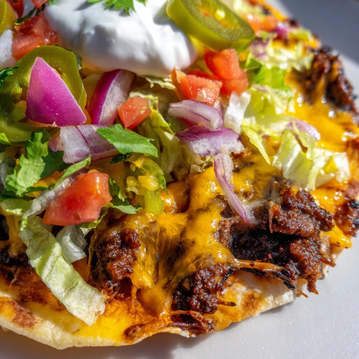 Savory smashed beef patties layered with melted cheddar and Monterey Jack inside crispy tortilla shells
