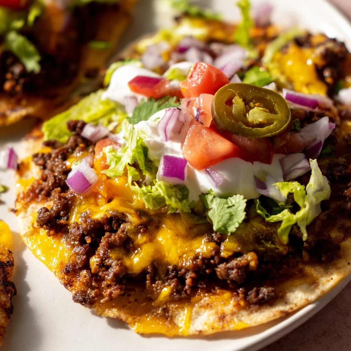 Loaded Blackstone smash tacos topped with fresh lettuce, tomatoes, and spicy jalapeño slices