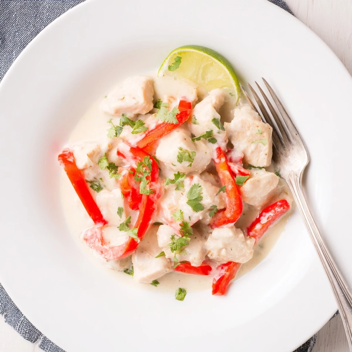 Golden Brazilian coconut chicken garnished with fresh cilantro and served over fluffy white rice