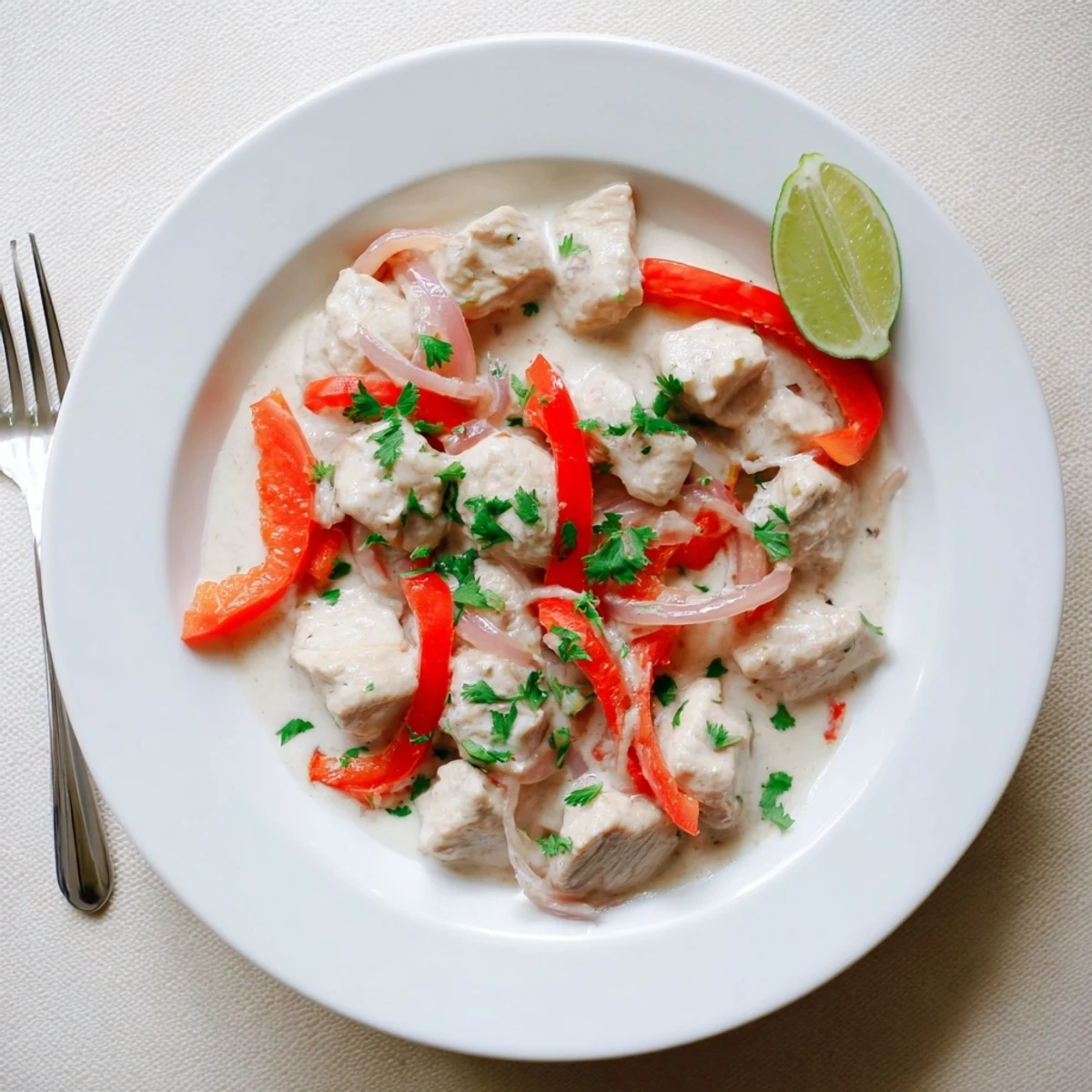 Vibrant Brazilian coconut chicken simmered with red bell peppers in a luxurious spiced coconut milk sauce